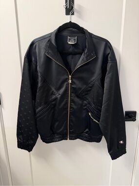 Champion Black Satin Bomber Jacket with Gold Hardware